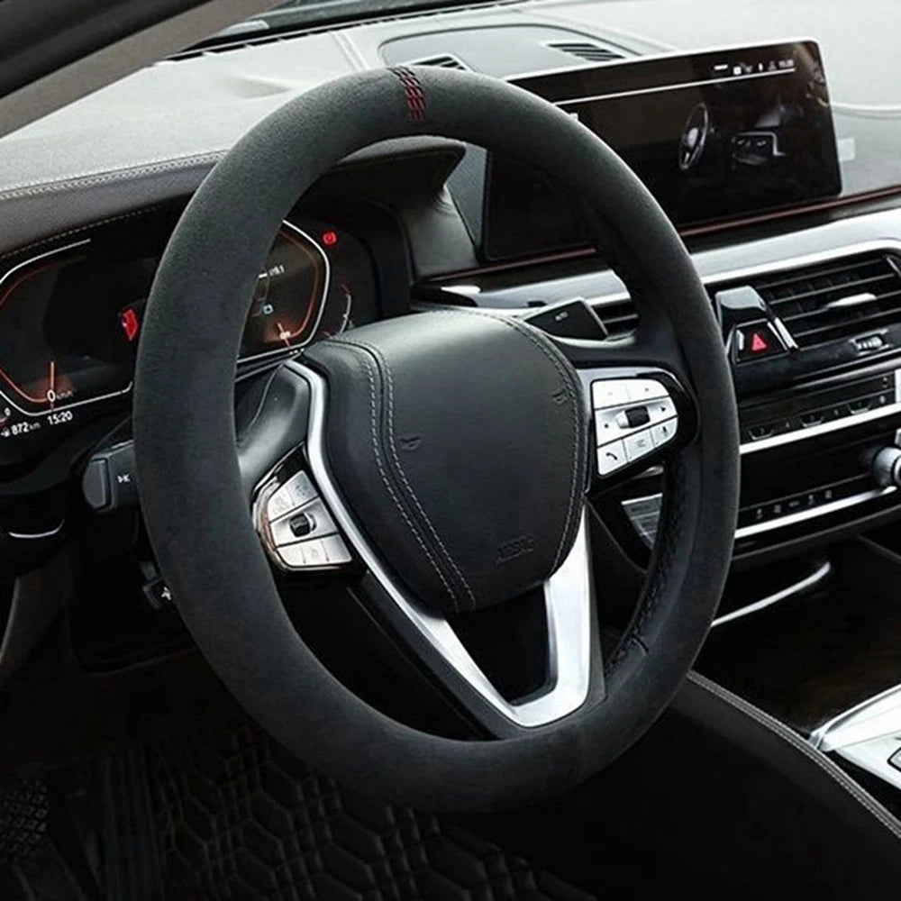 Universal Car Steering Wheel Cover Cowhide Suede Breathable 37-38cm Wrap Non-Slip Wear-Resistant Car Accessory