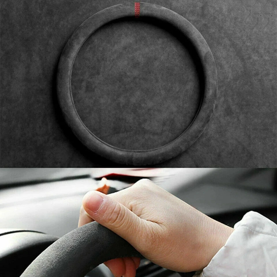 Universal Car Steering Wheel Cover Cowhide Suede Breathable 37-38cm Wrap Non-Slip Wear-Resistant Car Accessory